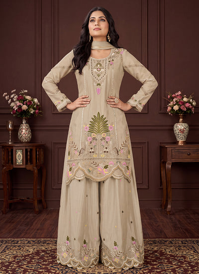 Buy Beige Multi Traditional Palazzo Suit In UAE