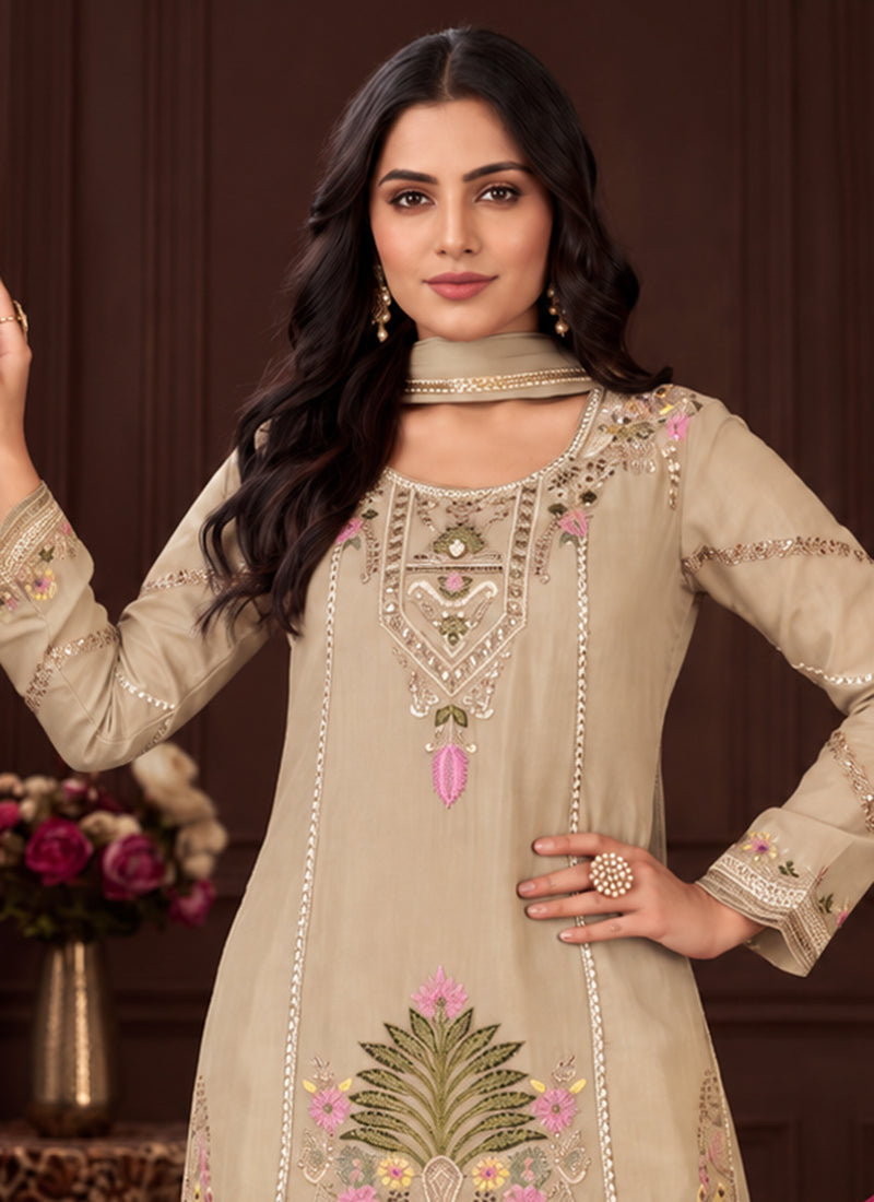 Buy Beige Embroidered Traditional Palazzo Suit Online