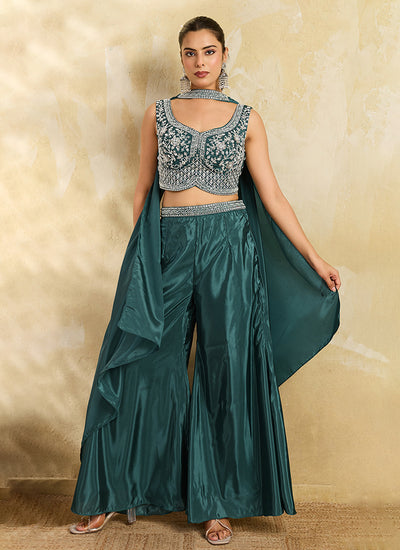 Teal Green Handwork Embroidery Palazzo Set
