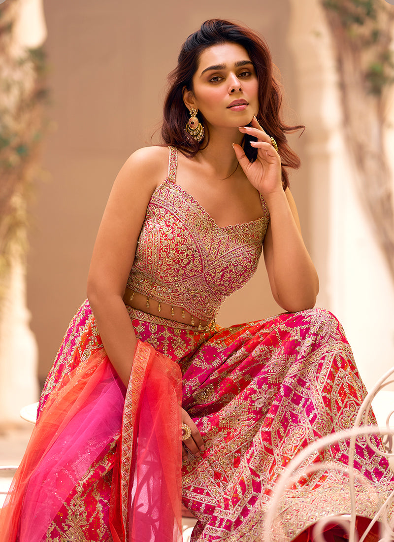 Magenta And Red Embroidered Palazzo Set