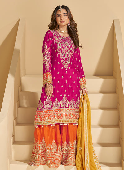 Shop Magenta And Yellow Designer Palazzo Suit