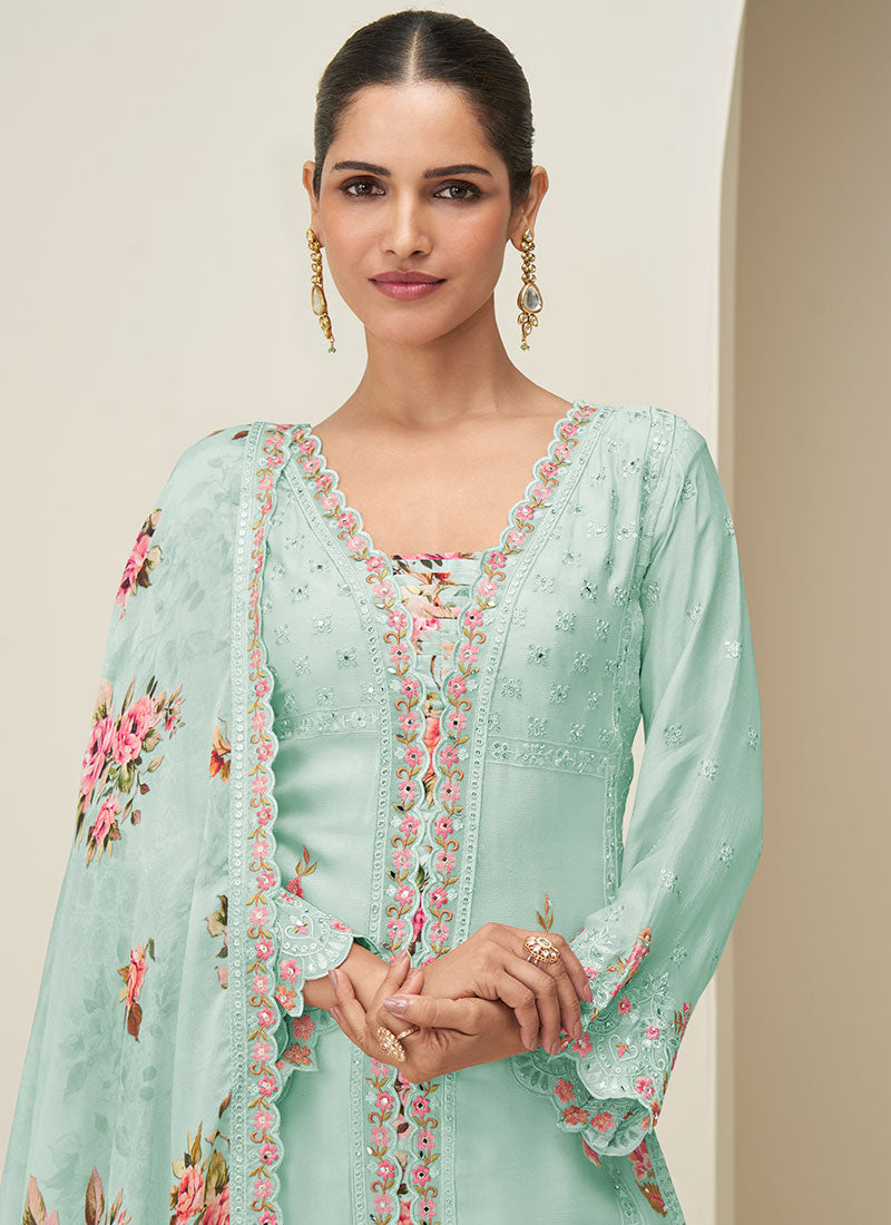 Buy Sea Green Floral Plazzo Suit In Canada