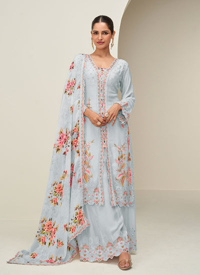 Light Blue Floral Slit Style Kurta Palazzo Suit