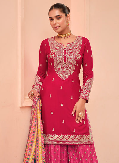 Crimson Multicolored Embroidered Palazzo Suit