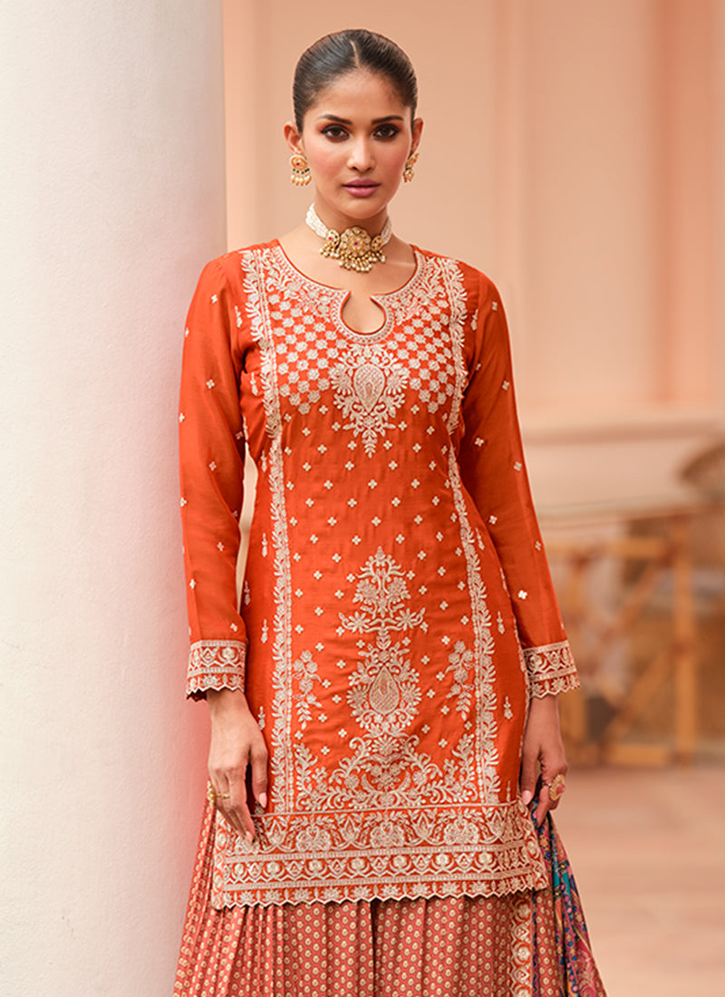Orange Multicolored Embroidered Palazzo Suit