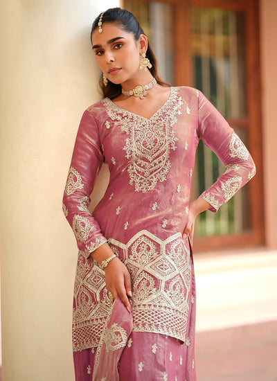 Buy Pink Golden Plazzo Suit In USA