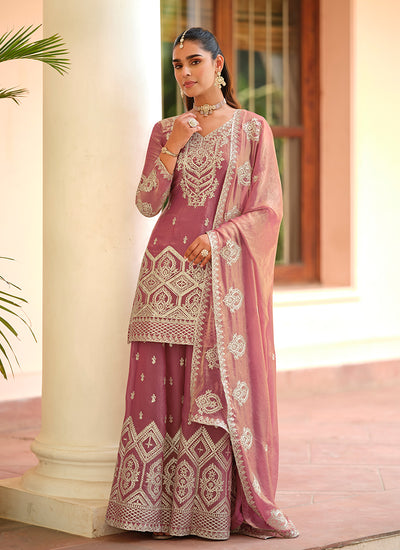 Pink Golden Embroidery Festive Palazzo Style Suit