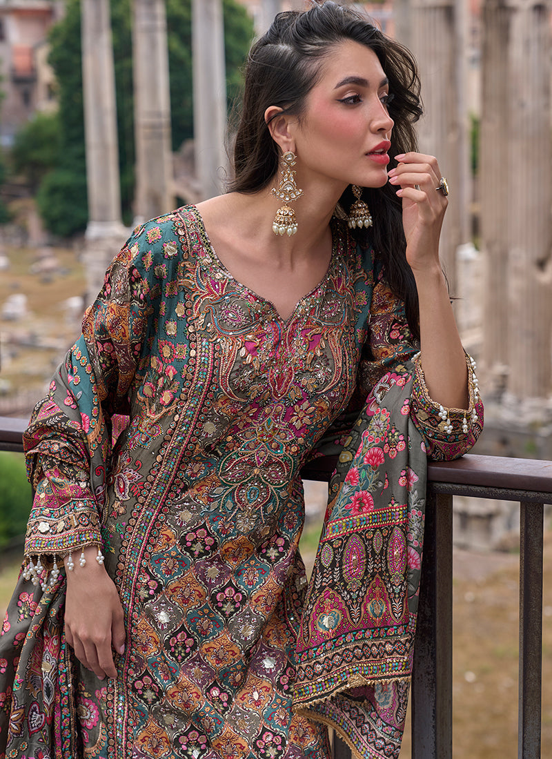 Shop Magenta And Olive Plazzo Suit Online
