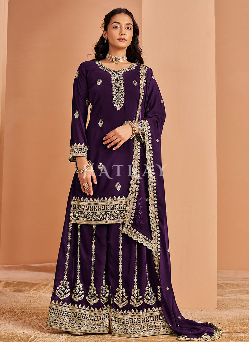 Stunning Purple Fancy Silk Designer Palazzo Suit