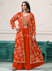 Orange Embroidered Jacket Style Palazzo Suit