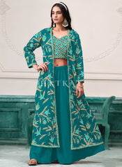 Turquoise Embroidered Jacket Style Palazzo Suit