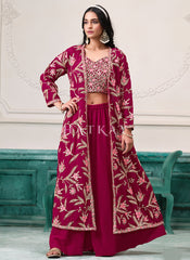 Magenta Pink Embroidered Jacket Style Palazzo Suit