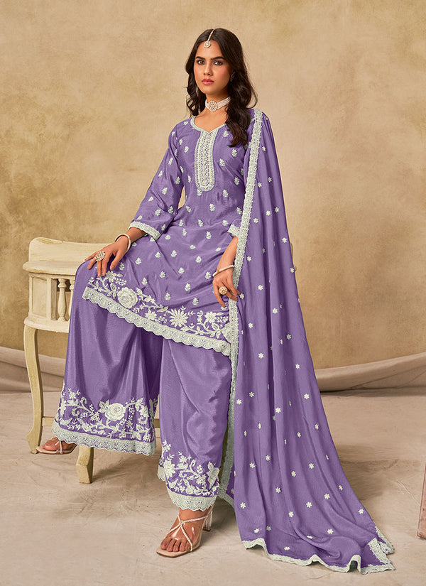 Lavender Embroidered Palazzo Suit With Dupatta
