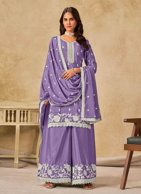 Lavender Embroidered Palazzo Suit With Dupatta