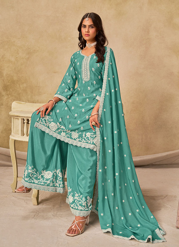 Teal Blue Embroidered Palazzo Suit With Dupatta