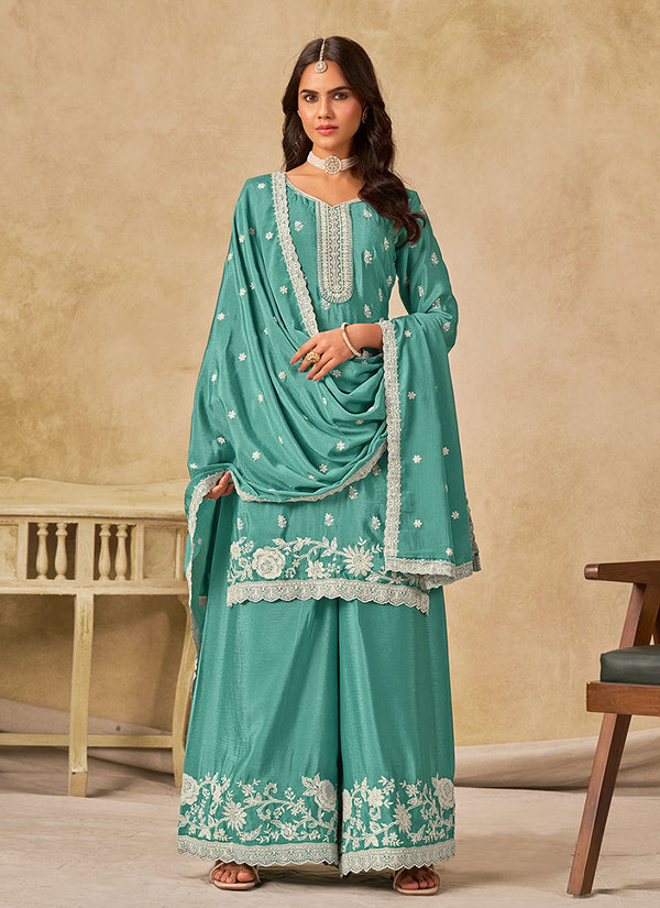 Teal Blue Embroidered Palazzo Suit With Dupatta