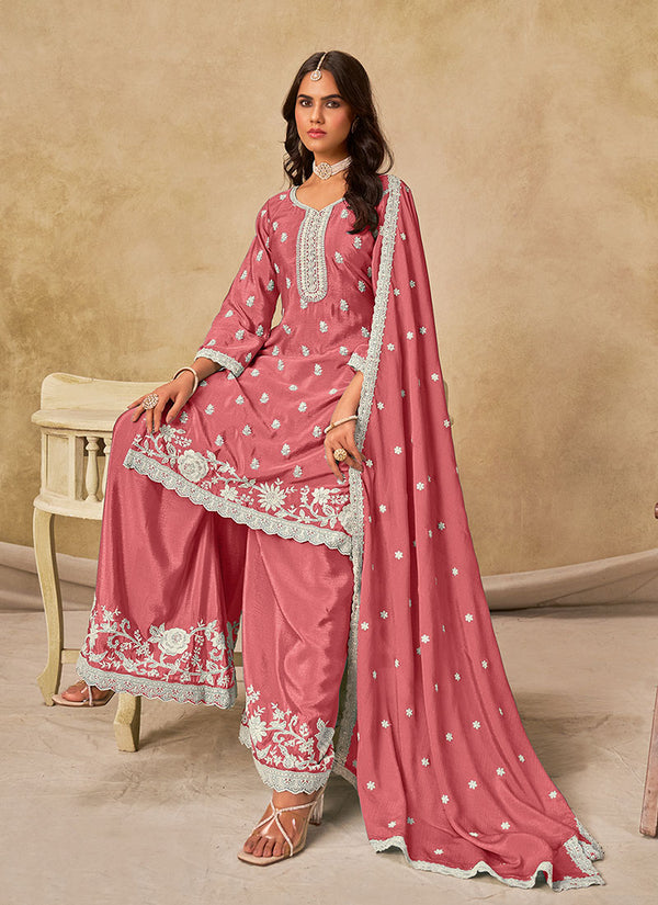 Coral Pink Embroidered Palazzo Suit With Dupatta
