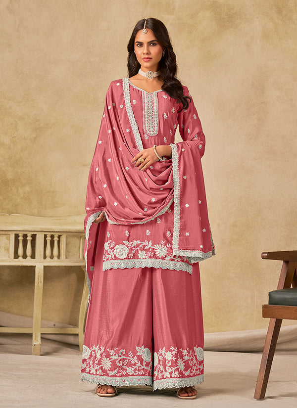 Coral Pink Embroidered Palazzo Suit With Dupatta