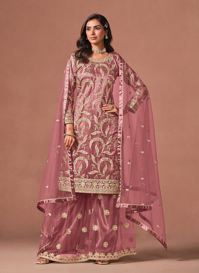 Rose Pink Embroidered Palazzo Suit