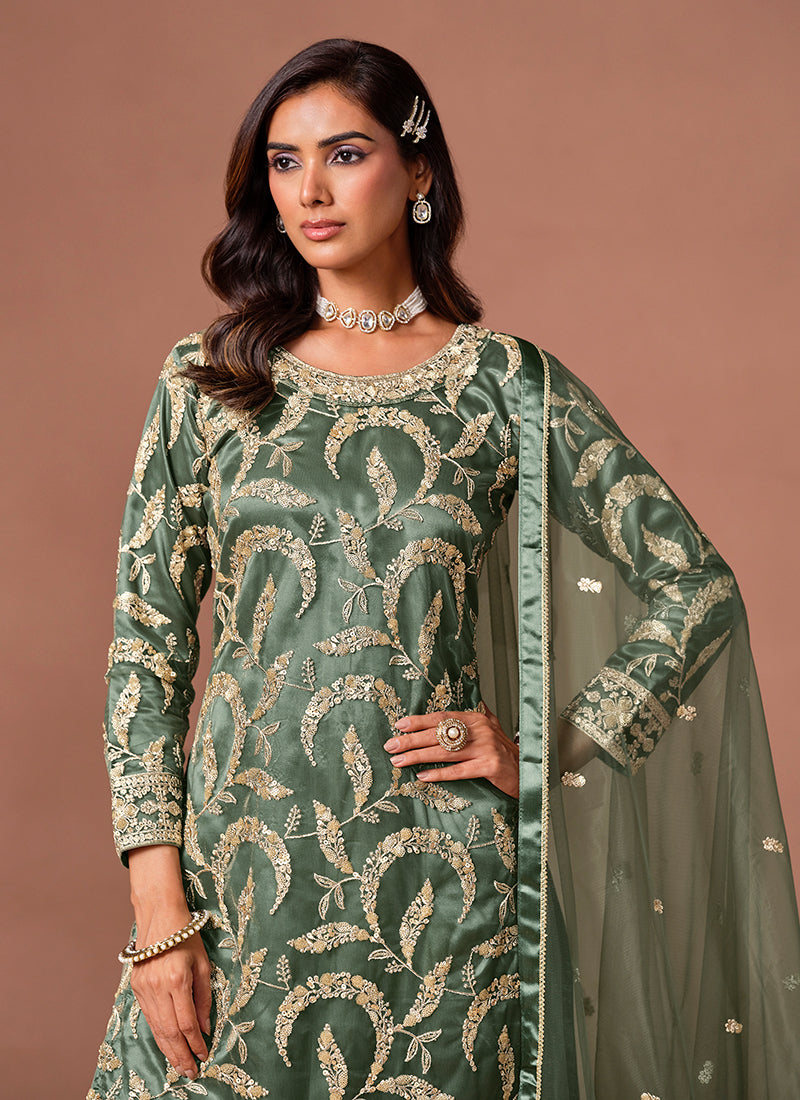 Olive green embroidered palazzo suit for festive occasions