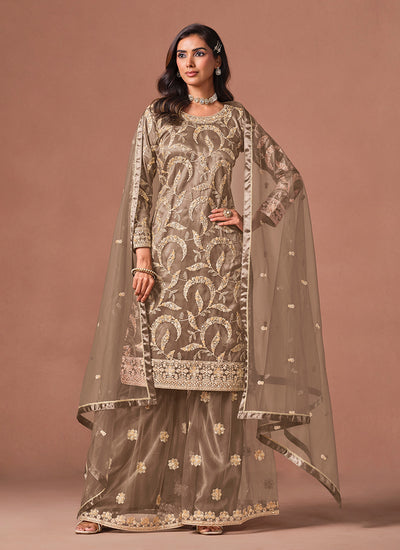 Light Brown Embroidered Palazzo Suit