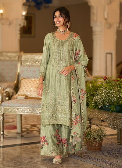 Sage Green Embroidered Chinnon Silk Palazzo Suit