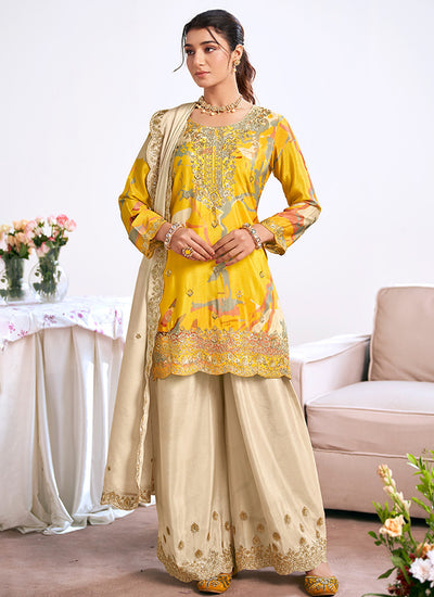 Buy Yellow Beige Palazzo Suit Online