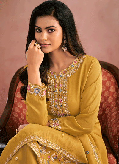 Yellow Multi Embroidery Festive Palazzo Suit