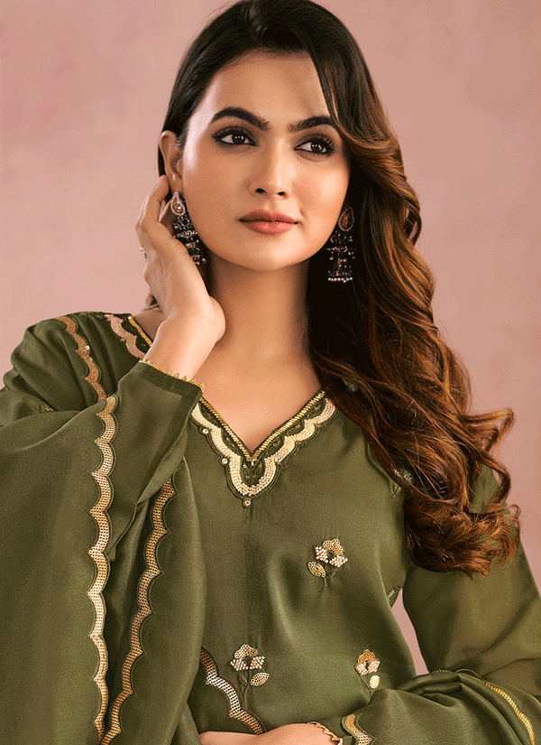 Olive Green Multi Embroidery Festive Palazzo Suit