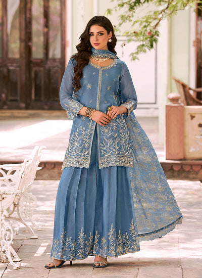 Dusty Blue Embroidered Moss Silk Palazzo Suit