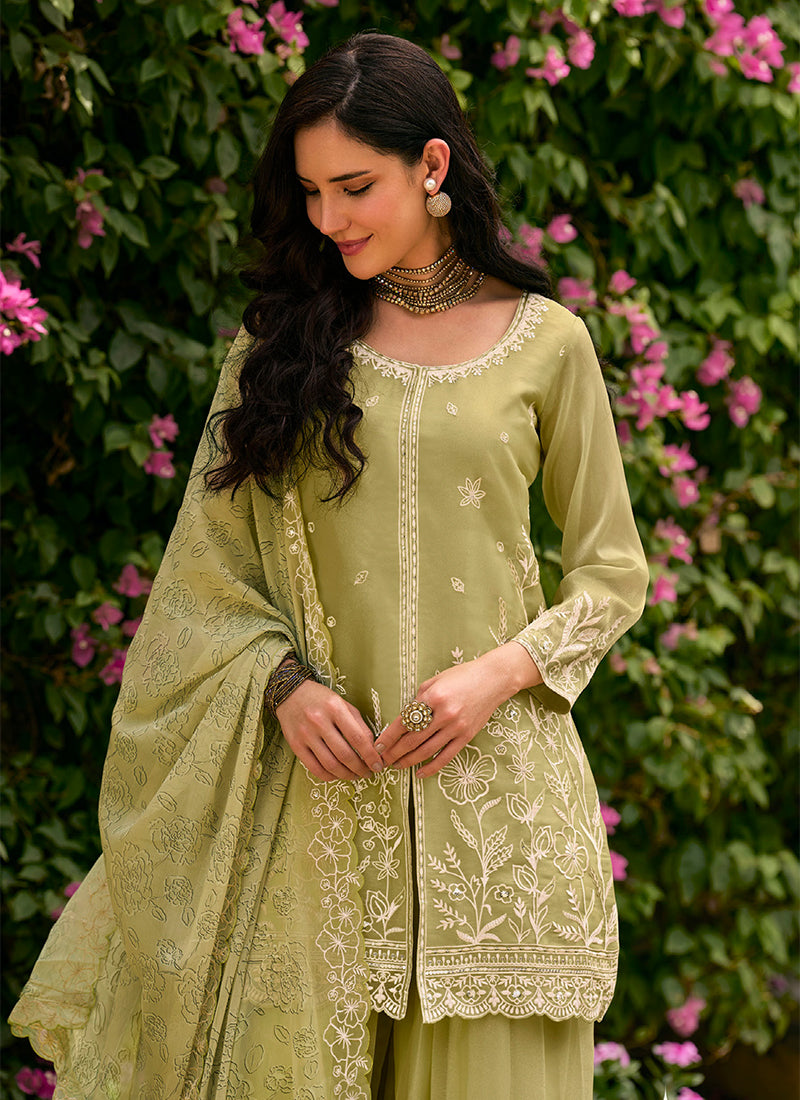 Buy Light Green Embroidered Silk Palazzo Suit In France