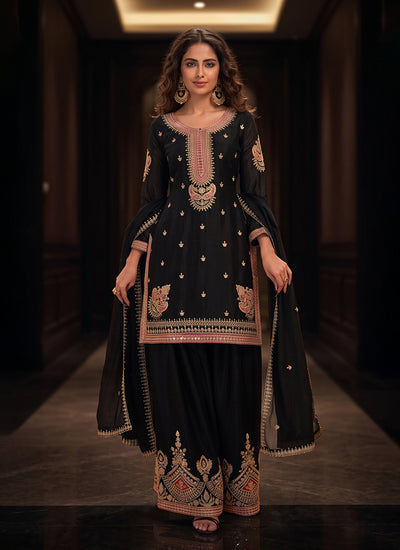 Black Multi Embroidered Palazzo Suit