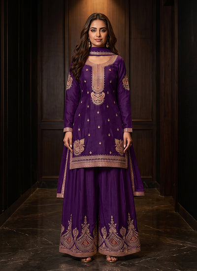 Violet Multi Embroidered Palazzo Suit