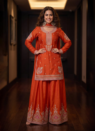 Orange Multi Embroidered Palazzo Suit