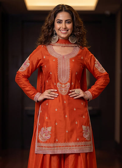 Buy Orange Embroidered Palazzo Suit In Australia