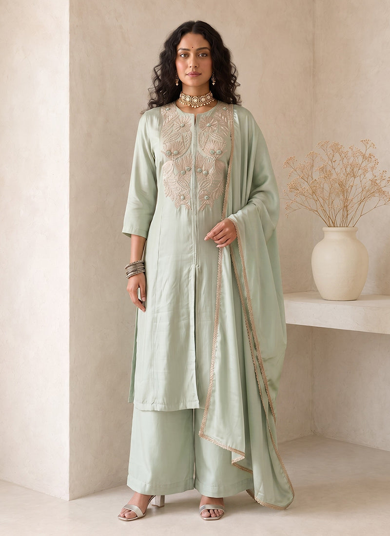 Sage Green Embellished Roman Silk Suit with Matching Dupatta