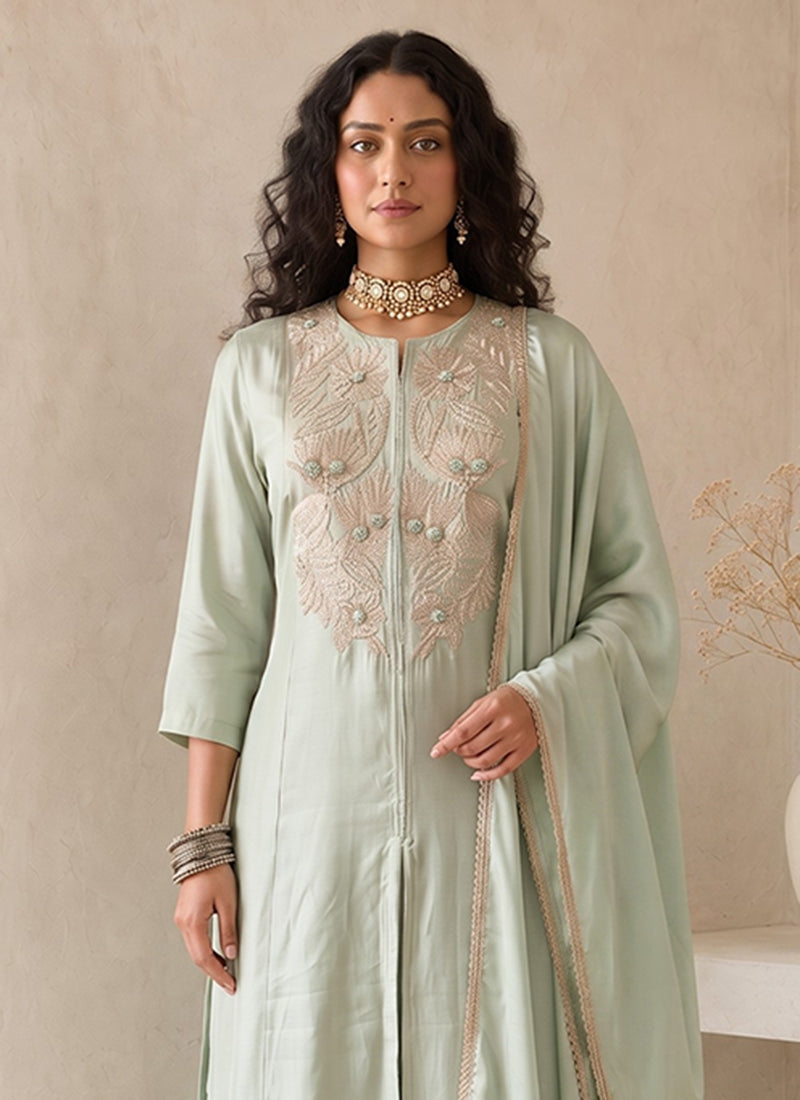 Sage Green Embroidered Roman Silk Palazzo Suit
