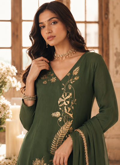 Olive Green Embroidered Mul Chanderi Palazzo Suit