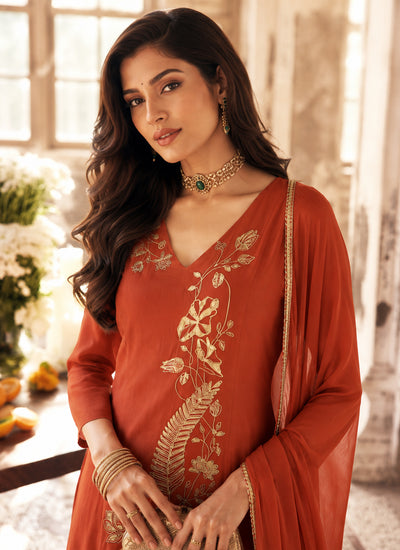 Rust Orange Embroidered Mul Chanderi Palazzo Suit