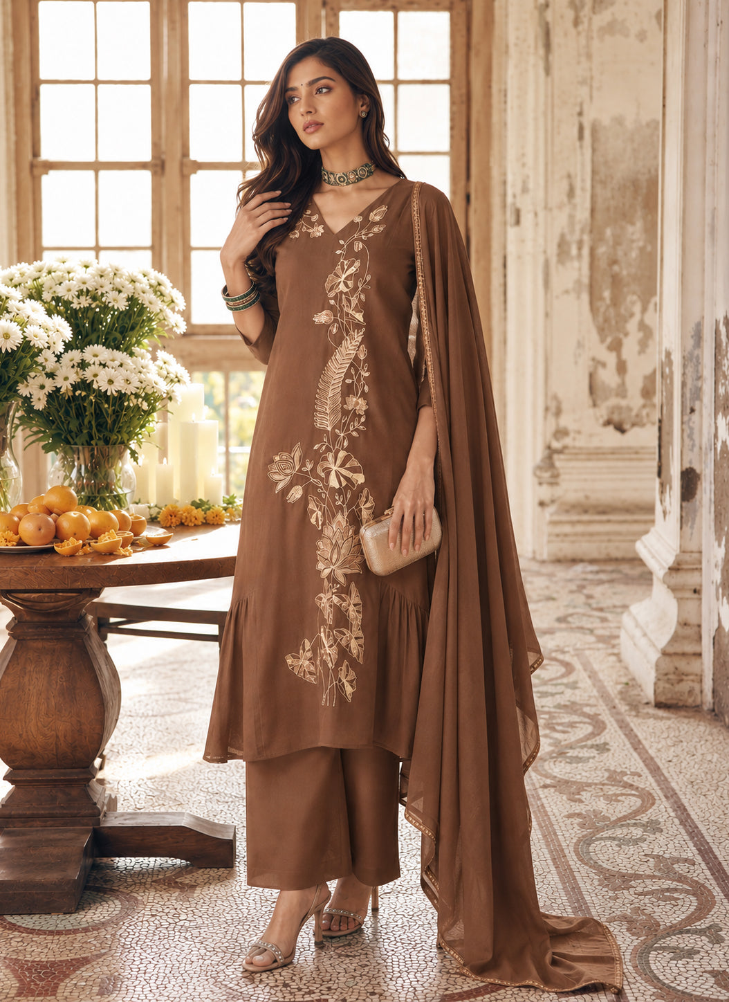Brown Embroidered Mul Chanderi Palazzo Suit