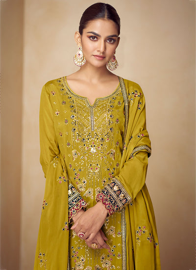 Yellow Multi Embroidery Festive Palazzo Suit