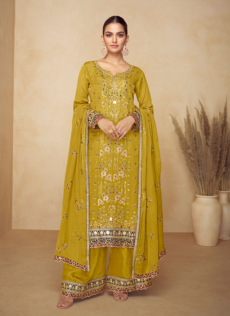 Yellow Multi Embroidery Festive Palazzo Suit