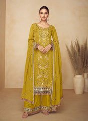 Yellow Multi Embroidery Festive Palazzo Suit