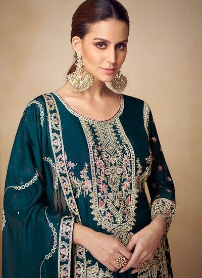 Turquoise Multi Embroidery Festive Palazzo Suit