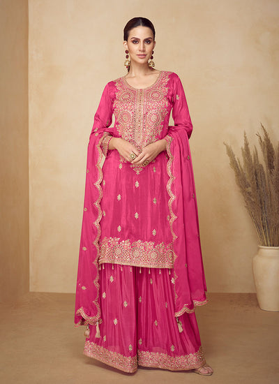 Rich Pink Embroidery Festive Palazzo Suit