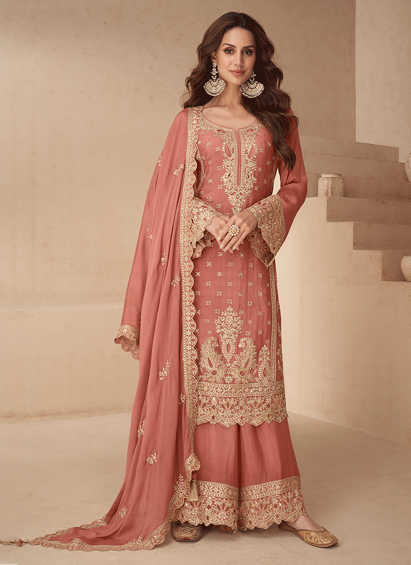Peach Reshamkari Embroidered Silk Palazzo Suit