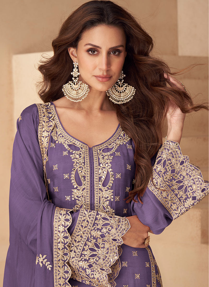Purple Reshamkari Embroidered Silk Palazzo Suit