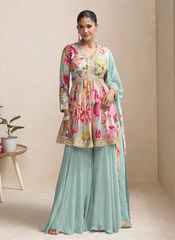 Sky Blue Embroidery Printed Palazzo Suit