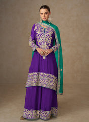 Purple And Green Festive Palazzo Suit