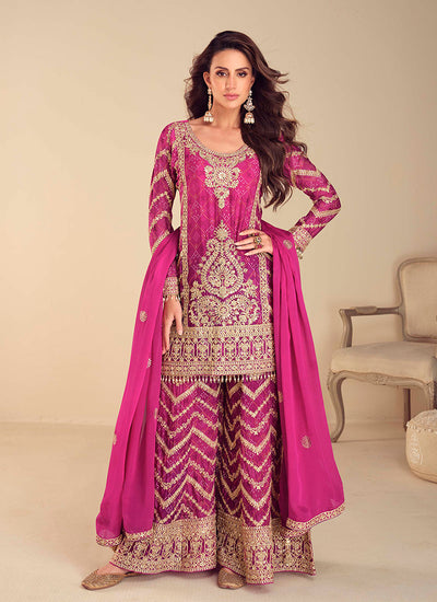 Magenta Pink Embroidered Wedding Palazzo Suit